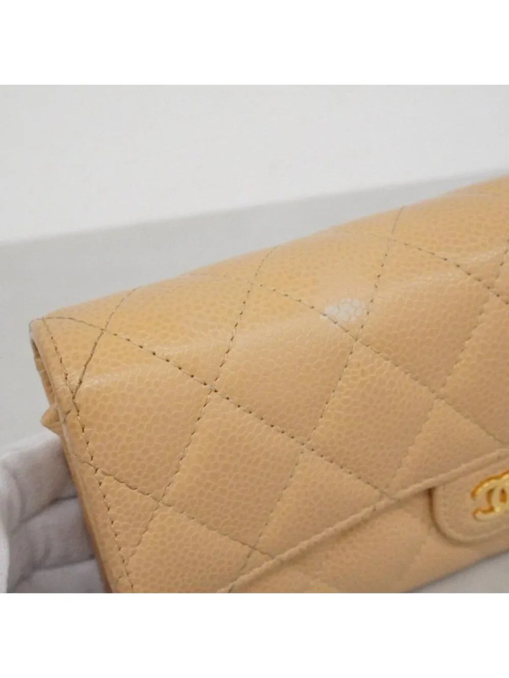 Chanel Wallet Quilted Caviar Leather Beige Gold